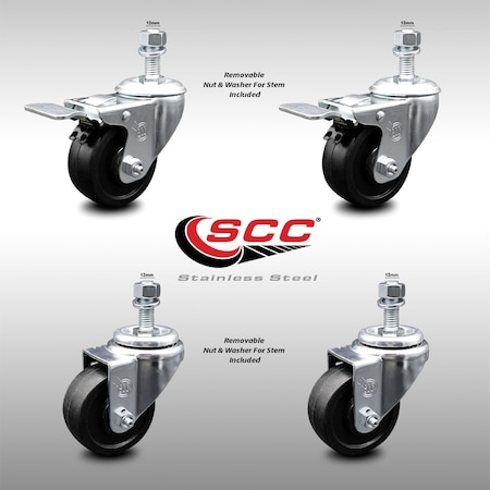 Service Caster 3 Inch SS Soft Rubber 12mm Threaded Stem Caster Total Lock Brake SCC, 2PK SCC-SSTSTTL20S314-SRS-M1215-2-S-2